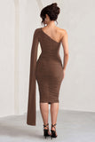 Yara Chocolate Brown One Shoulder Cape Ruched Midi Dress