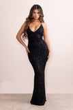 Aya Black Sequin Plunge Neck Low Back Fishtail Maxi Dress
