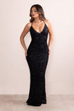 Aya Black Sequin Plunge Neck Low Back Fishtail Maxi Dress