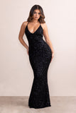 Aya Black Sequin Plunge Neck Low Back Fishtail Maxi Dress