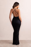 Aya Black Sequin Plunge Neck Low Back Fishtail Maxi Dress