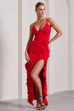 Run The World Red Plunge Neckline Ruffle Maxi Dress