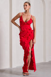Run The World Red Plunge Neckline Ruffle Maxi Dress