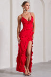 Run The World Red Plunge Neckline Ruffle Maxi Dress