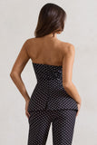 Elliana Black Polka Dot Strapless Button Front Tailored Top
