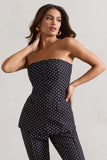 Elliana Black Polka Dot Strapless Button Front Tailored Top
