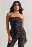 Elliana Black Polka Dot Strapless Button Front Tailored Top