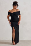 Eva Black Bardot Bow Detail Maxi Dress With Thigh Split