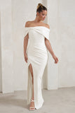 Eva White Bardot Bow Detail Maxi Dress With Thigh Split