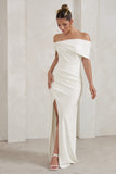 Eva White Bardot Bow Detail Maxi Dress With Thigh Split