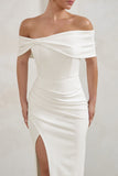 Eva White Bardot Bow Detail Maxi Dress With Thigh Split