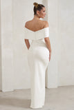 Eva White Bardot Bow Detail Maxi Dress With Thigh Split