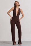 Darcy Chocolate Brown Plunge Neck Tailored Jumpsuit With Tie Detail