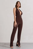 Darcy Chocolate Brown Plunge Neck Tailored Jumpsuit With Tie Detail