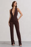 Darcy Chocolate Brown Plunge Neck Tailored Jumpsuit With Tie Detail