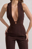 Darcy Chocolate Brown Plunge Neck Tailored Jumpsuit With Tie Detail