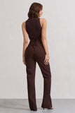 Darcy Chocolate Brown Plunge Neck Tailored Jumpsuit With Tie Detail