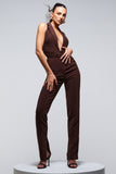 Darcy Chocolate Brown Plunge Neck Tailored Jumpsuit With Tie Detail