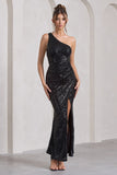 Juliet Black Sequin One Shoulder Open Back Wrap Skirt Maxi Dress