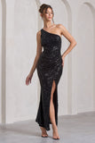 Juliet Black Sequin One Shoulder Open Back Wrap Skirt Maxi Dress