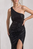 Juliet Black Sequin One Shoulder Open Back Wrap Skirt Maxi Dress