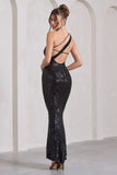 Juliet Black Sequin One Shoulder Open Back Wrap Skirt Maxi Dress