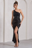 Juliet Black Sequin One Shoulder Open Back Wrap Skirt Maxi Dress