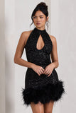 Tillie Black Sequin High Neck Trapeze Mini Dress With Feather Hem Detail