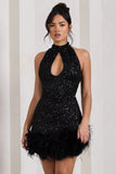 Tillie Black Sequin High Neck Trapeze Mini Dress With Feather Hem Detail