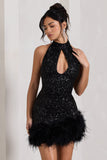 Tillie Black Sequin High Neck Trapeze Mini Dress With Feather Hem Detail