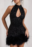 Tillie Black Sequin High Neck Trapeze Mini Dress With Feather Hem Detail