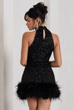 Tillie Black Sequin High Neck Trapeze Mini Dress With Feather Hem Detail