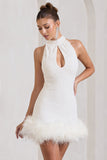 Tillie White Sequin High Neck Trapeze Mini Dress With Feather Hem Detail