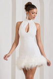 Tillie White Sequin High Neck Trapeze Mini Dress With Feather Hem Detail