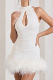 Tillie White Sequin High Neck Trapeze Mini Dress With Feather Hem Detail