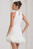 Tillie White Sequin High Neck Trapeze Mini Dress With Feather Hem Detail