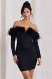 Celia Black Plunge Neck Bardot Mini Dress With Feather Trim Detail