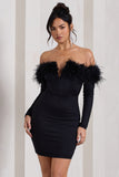 Celia Black Plunge Neck Bardot Mini Dress With Feather Trim Detail