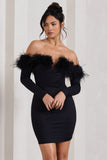 Celia Black Plunge Neck Bardot Mini Dress With Feather Trim Detail