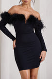 Celia Black Plunge Neck Bardot Mini Dress With Feather Trim Detail