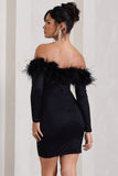 Celia Black Plunge Neck Bardot Mini Dress With Feather Trim Detail