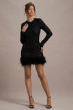 Claudia Black Sequin High Neck Feather Hem Mini Dress With Long Sleeves