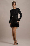 Claudia Black Sequin High Neck Feather Hem Mini Dress With Long Sleeves