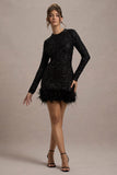 Claudia Black Sequin High Neck Feather Hem Mini Dress With Long Sleeves