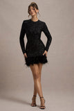 Claudia Black Sequin High Neck Feather Hem Mini Dress With Long Sleeves