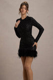Claudia Black Sequin High Neck Feather Hem Mini Dress With Long Sleeves