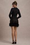 Claudia Black Sequin High Neck Feather Hem Mini Dress With Long Sleeves