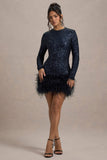 Claudia Navy Sequin High Neck Feather Hem Mini Dress With Long Sleeves