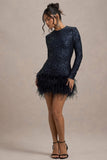 Claudia Navy Sequin High Neck Feather Hem Mini Dress With Long Sleeves