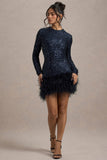 Claudia Navy Sequin High Neck Feather Hem Mini Dress With Long Sleeves
